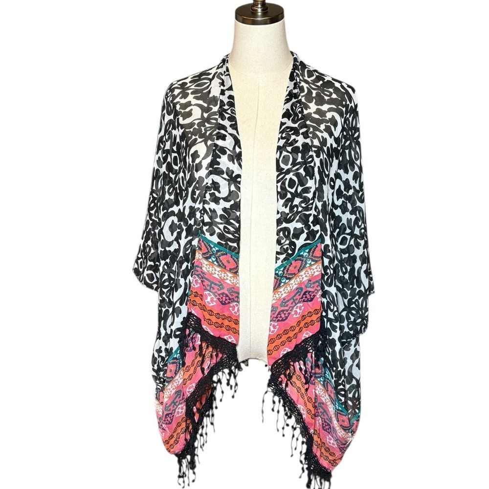 Black and Pink Patterned Kimono Style Shawl Cardigan Cover Up